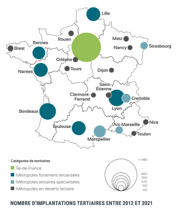 Bureau Opéré : le spécialiste du Bureau clefs en main partout en France - Boom du Bureau Opéré en France - Carte de la France représentant le nombre d'implantations tertiaires entre 2012 et 2021
